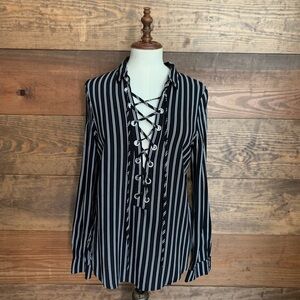 Divided Black & White Striped Lace Up Blouse